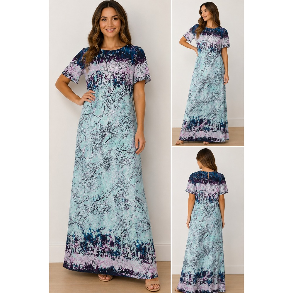 BCBGMAXAZRIA Alena Maxi Dress S Aqua Blue Pink Abstract Print Short Sleeve Boho